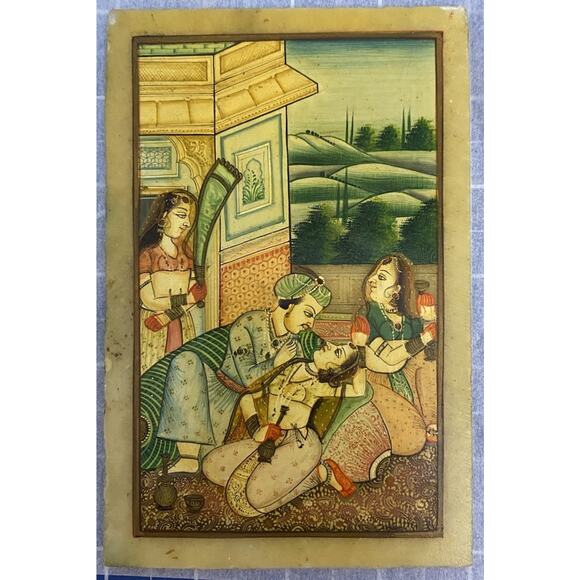 Rajasthan Hindu India Court Painting on Stone Figural Scene post 1940 4"x6" - Picture 2 of 6